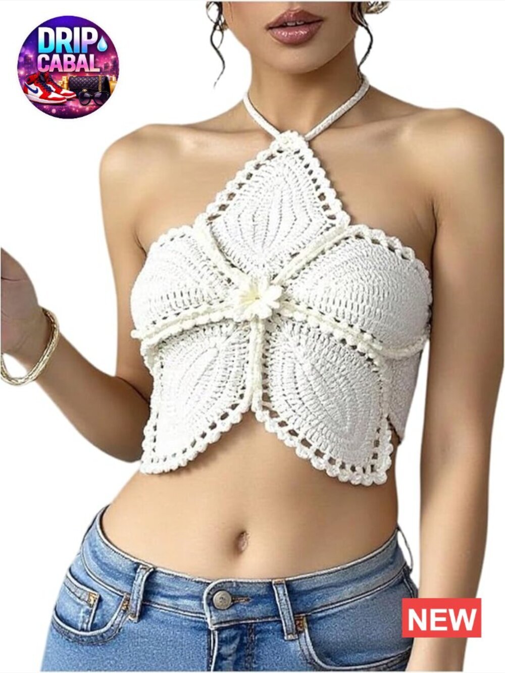 Floral Crochet Beach Halter Crop Top Tie Back Hollow Out Tank